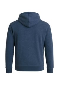 Marineblauwe hoodie met een gladde textuur, geribbelde manchetten en zoom, voorzien van een ronde halslijn en een gecentreerde capuchon aan de achterkant.