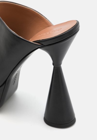 Black leather high-heeled shoe with a unique conical heel design. Features an open toe and a smooth, textured interior lining.
