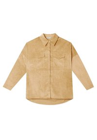 Tan suède shirt met een kraag, lange mouwen, twee borstzakken en een gebogen zoom. Zachte textuur en knopen aan de voorkant.