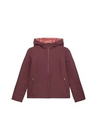 Bordeauxrote Kapuzenjacke mit durchgehendem Reißverschluss, zwei Seitentaschen und einem glatten Innenfutter. Verfügt über ein einfaches, schlankes Design.