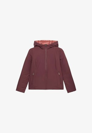 Giacca con cappuccio color bordeaux con cerniera frontale, due tasche laterali e una fodera interna liscia. Caratterizzata da un design semplice e lineare.