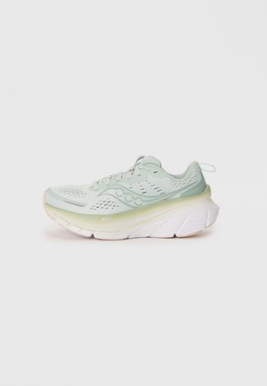 Lichtgroene hardloopschoen met een bovenwerk van mesh, een gepolsterde tong en een witte zool met een contrasterende groene accent. Opvallend cushioned ontwerp.