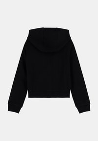 Haut à capuche noir cropped en tissu doux, avec une capuche, des manches longues, et des poignets et un ourlet côtelés. Pas de logos ni de motifs visibles.