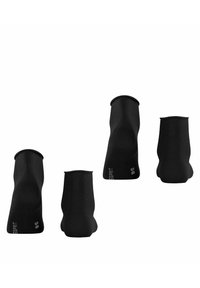 Czarne skarpetki do kostek, z teksturą materiału w prążki, jednolitym kolorem i logo z boku. Pokazane z różnych kątów.