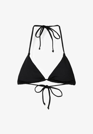 Black bikini top featuring a classic triangle design, adjustable ties at the neck and back, made from smooth fabric with a solid color.
