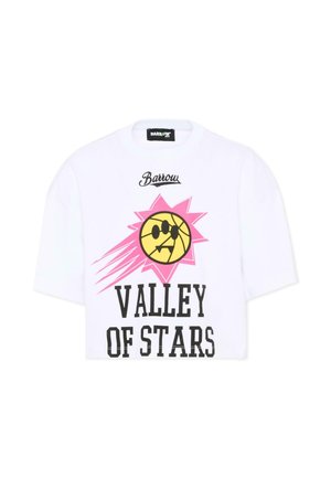 Witte shirt met korte mouwen met het "Barrow"-logo, een roze stervormige achtergrond achter een gele basketbal met zonnebril, en de tekst "VALLEY OF STARS".