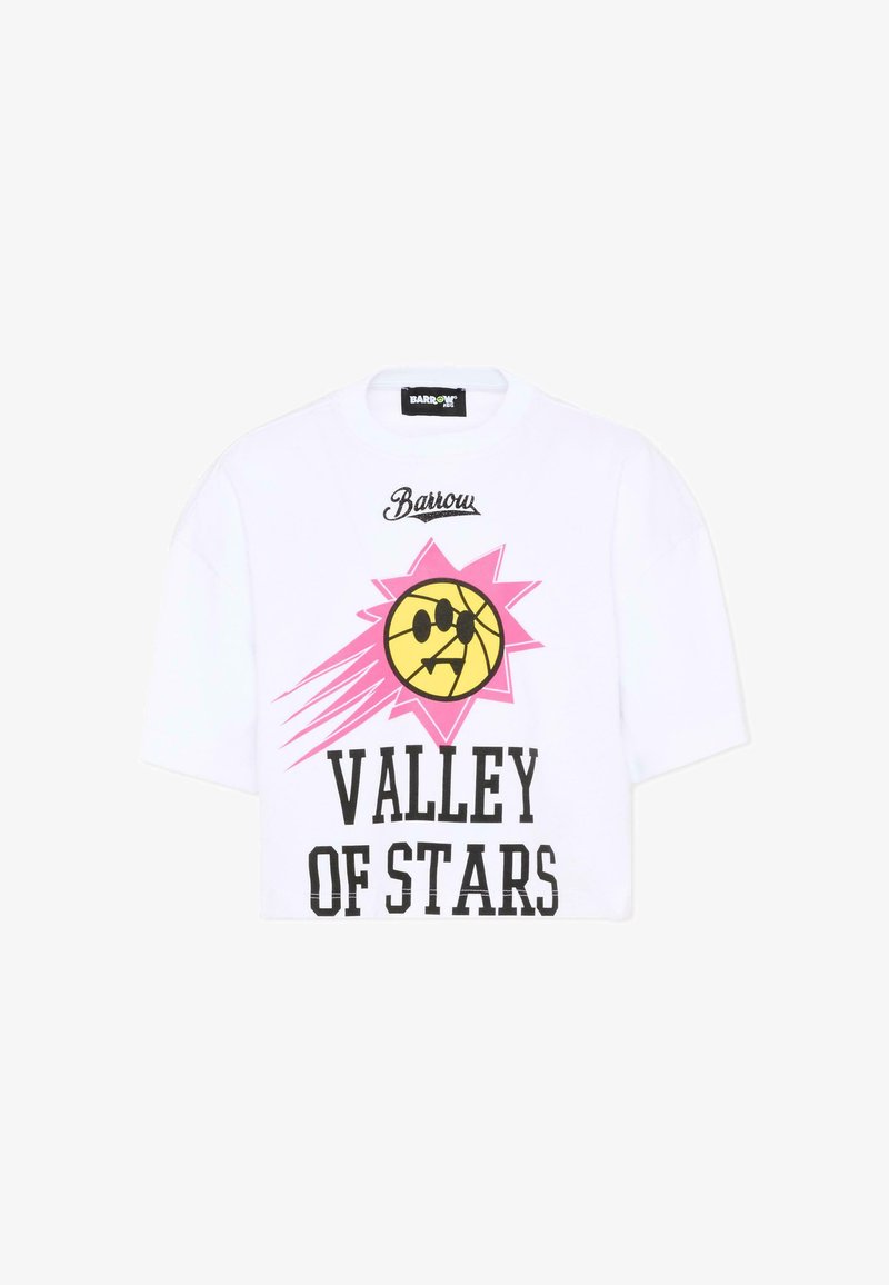 Chemise blanche à manches courtes avec le logo "Barrow", une explosion d'étoiles rose derrière un ballon de basket jaune portant des lunettes de soleil, et le texte "VALLEY OF STARS".