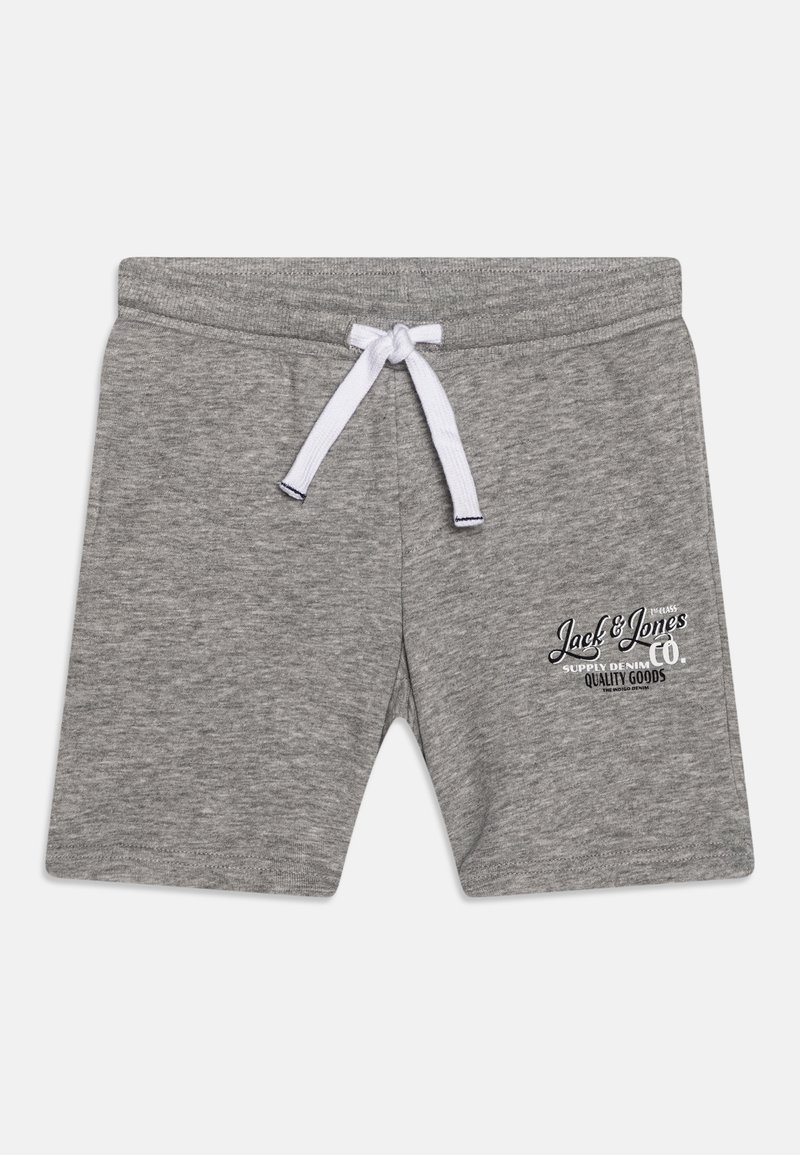Shorts en coton gris avec cordon de serrage blanc ajustable et logo noir et blanc "Jack & Jones Co." sur la cuisse gauche.