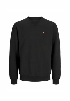 Svart genser laget av mykt stoff, med rund hals, lange ermer og en liten rød prikk-logo på brystet. Glatt tekstur, avslappet passform.