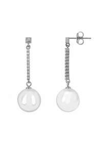 Silver drop earrings featuring a crystal-studded vertical bar and a large white pearl at the bottom. Glossy, rounded pearl texture.