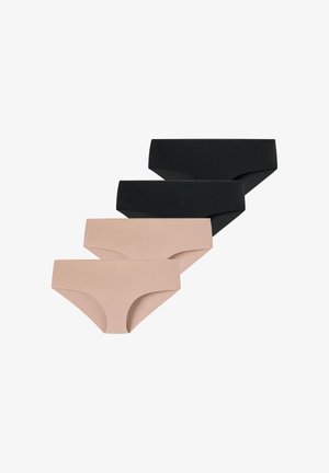 Deux sous-vêtements féminins style hipster sans couture, deux beiges et deux noirs, disposés en pile décalée sur fond blanc.