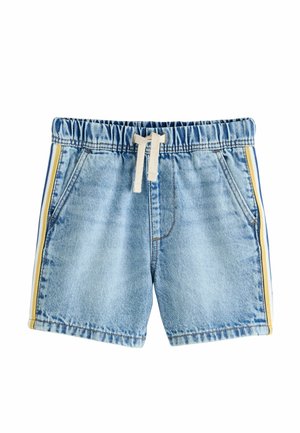 Light blue denim shorts with elastic waist, white drawstring, side pockets, and yellow and white side stripes.