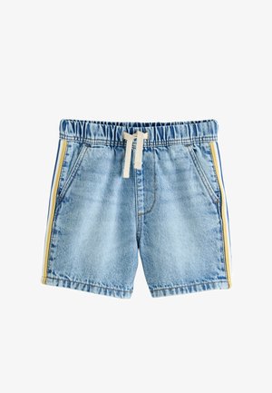 Jasnoniebieskie szorty dżinsowe z elastycznym pasem, białym sznurkiem, bocznymi kieszeniami oraz żółto-białymi paskami po bokach.