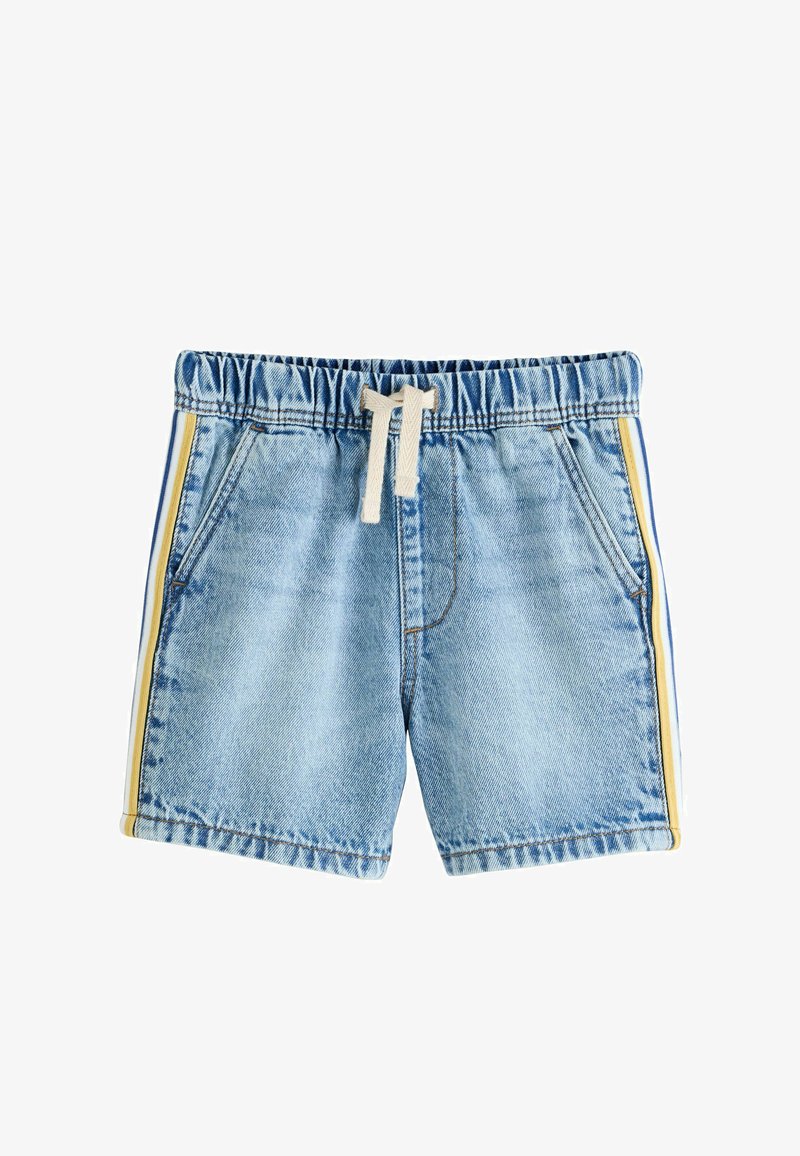 Šviesiai mėlyni džinsiniai šortai su elastinga liemene, balta raišteliu, šoninėmis kišenėmis ir geltonomis bei baltomis šoninėmis juostelėmis.