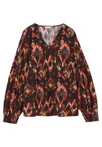 Dark patterned blouse featuring a V-neckline, long puff sleeves, and multicolored diamond motifs in red, brown, and teal tones.