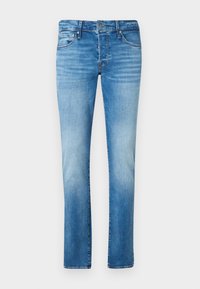 Jeans din denim de culoare albastru deschis, cu croi drept, având talie medie și decolorare subtilă. Design cu cinci buzunare și accente din metal.