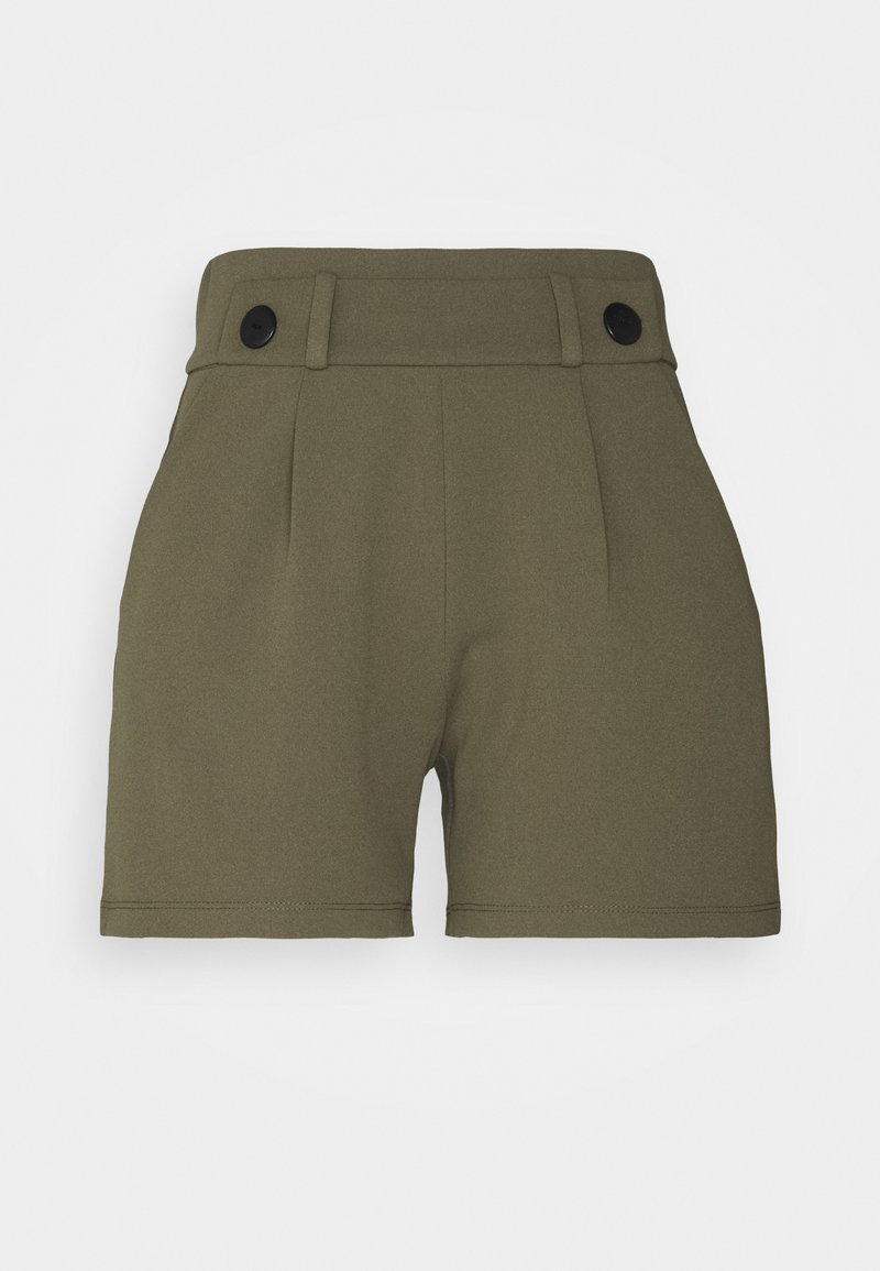 Bermudas verde-oliva feitas de um tecido suave, com uma cintura alta, pregas e dois botões pretos na frente para fecho.