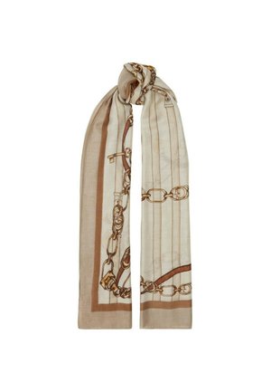 Light beige scarf featuring a printed chain pattern in brown and gold, with a smooth texture and a rectangular shape.