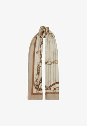 Écharpe beige clair avec un motif de chaîne imprimé en marron et or, au toucher doux et de forme rectangulaire.