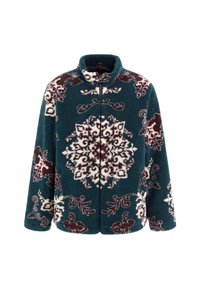 Tamsiai mėlynai žalias flisinis švarkas su gėlių ir paisley raštu, vyraujančiomis bordo ir baltos spalvos, aukštu apykakle ir užtrauktuku. Minkšta tekstūra.