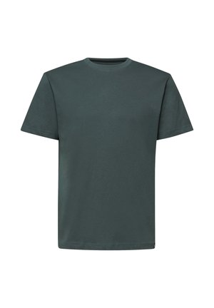T-shirt vert foncé à manches courtes et col rond, au design simple et uni, sans logos ni motifs visibles.
