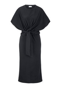 Schwarzes knielanges Kleid mit kurzen, weiten Ärmeln und einem Stoffgürtel, der in der Taille zu einem Knoten gebunden ist.