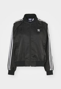 Black satin bomber jacket with white three-stripe accents on sleeves, ribbed cuffs and hem, and small white Adidas logo on the chest.
