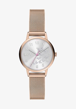 Roze gouden mesh horloge met een zilveren wijzerplaat met vlinderpatronen, roze uur markers en zilveren wijzers. Eenvoudig en elegant ontwerp.