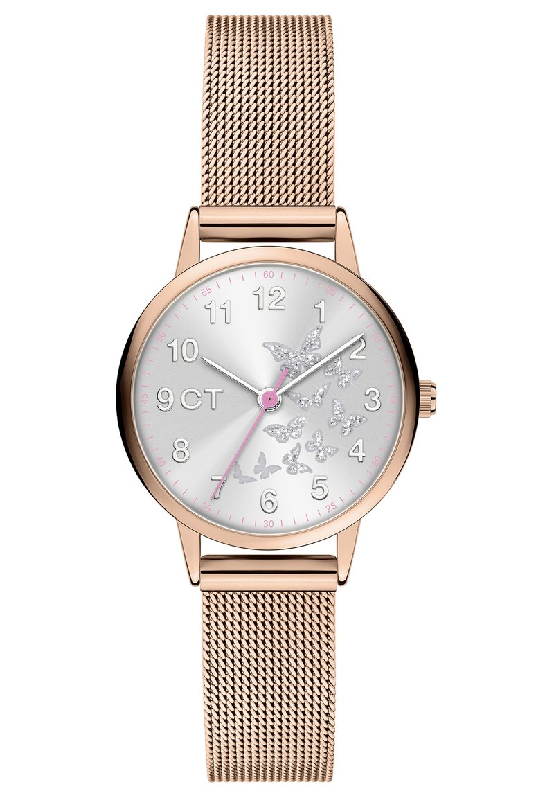 Roségoldenes Mesh-Armbanduhr mit einem silbernen Zifferblatt, das mit Schmetterlingsmotiven verziert ist, rosa Stundenmarkierungen und silbernen Zeigern. Einfaches und elegantes Design.