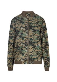 Camouflage bomberjakke i grøn, tan og sort; har en lynlåsfront, ribbede mansjetter og kant, samt et tekstureret stofmønster.