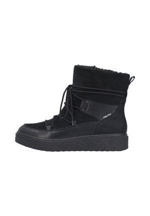 Black waterproof boot with a textured upper, lace closure, and a fur-lined collar. Features a cushioned sole for comfort.