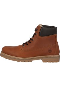 Bruine leren enkelboot met grijze kraag, ronde neus, vetersluiting, duurzame zool en subtiele branding aan de zijkant.