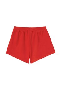 Červené bavlněné šortky s elastickým pasem, s hladkou texturou a jednoduchým designem. Lem je střižen diagonálně pro pohodlný střih.