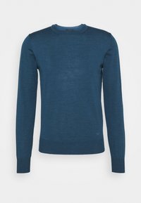 Blue crew-neck sweater with long sleeves, made of smooth knit material, featuring a ribbed hem and cuffs. Minimalist design, no patterns.