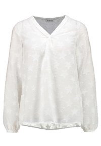 Blusa bianca con maniche lunghe, scollo a V, realizzata in tessuto trasparente con un motivo di stelle ricamate su tutta la superficie. Tessuto morbido e vestibilità comoda.