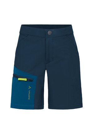 Pantaloncini blu navy con una tasca laterale con cerniera color teal, dotata di una linguetta lime e logo "VAUDE" giallo su sfondo bianco.