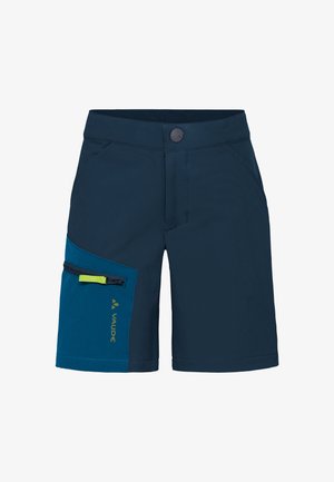 Pantaloncini blu navy con una tasca laterale con cerniera color teal, dotata di una linguetta lime e logo "VAUDE" giallo su sfondo bianco.