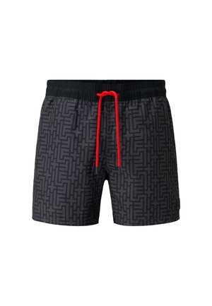 Černé plavky s geometrickým vzorem, elastickým pasem a červenou šňůrkou. Na boku mají malé logo.