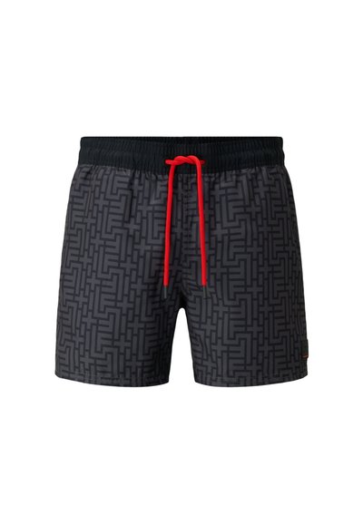 Zwarte zwembroek met een geometrisch patroon, elastische tailleband en rode trekkoord. Bevat een klein logo aan de zijkant.