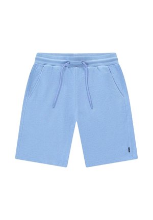 Lichtblauwe katoenen short met een elastische tailleband, trekkoord en twee zijzakken. Heeft een textuur op het oppervlak van de stof.