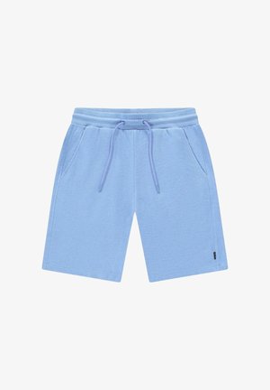 Lichtblauwe katoenen short met een elastische tailleband, trekkoord en twee zijzakken. Heeft een textuur op het oppervlak van de stof.