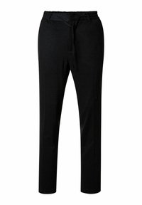 Zwarte straight-leg broek met elastische tailleband en trekkoord, met subtiele textuurstof en riemlussen.