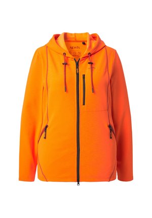 Haut à capuche zippé orange avec capuche, présentant des zips et des accents noirs, des cordons de serrage et une texture de tissu lisse et extensible.