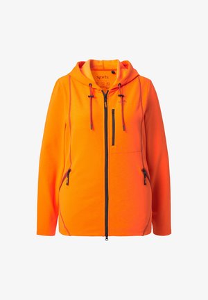 Orange Zip-Hoodie mit Kapuze, ausgestattet mit schwarzen Reißverschlüssen und Akzenten, Kordeln und einem glatten, dehnbaren Stoff.
