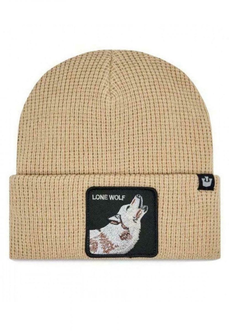 Berretto beige a maglia con risvolto, dotato di una patch nera che raffigura un lupo ululante e la scritta "LONE WOLF" in bianco.