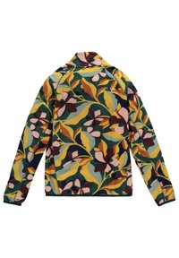 Fleecejack met een levendig bloemenpatroon in groen, geel, pink en kastanjebruin. Voorzien van een staande kraag en lange mouwen.