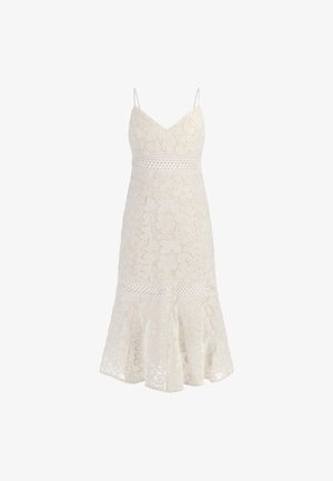 Kanten jurk in off-white met een aansluitende top, V-hals, dunne straps en een flared zoom. Bevat bloemmotieven en haakdetail.