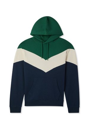 Felpa con cappuccio verde, crema e blu navy con motivo a chevron. Presenta una tasca a marsupio e polsini a coste. Realizzata in morbido misto cotone.