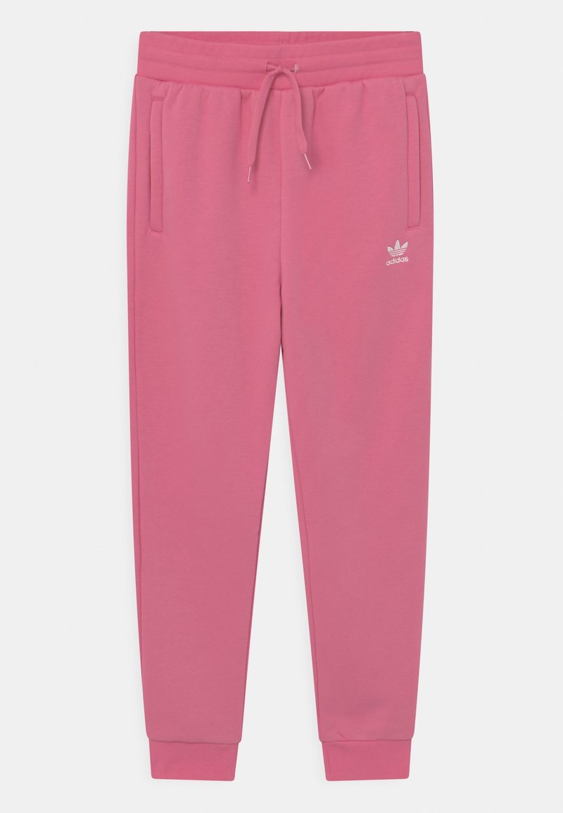 Pantaloni della tuta rosa realizzati in un tessuto morbido, con vita regolabile con cordino, due tasche laterali e un logo bianco sulla coscia sinistra.