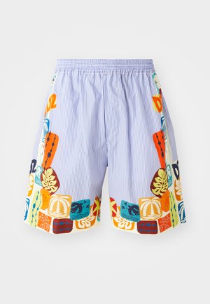 Shorts de bain rayés avec une bordure colorée présentant des motifs tropicaux et abstraits. Fabriqués en tissu léger, avec une taille élastique.